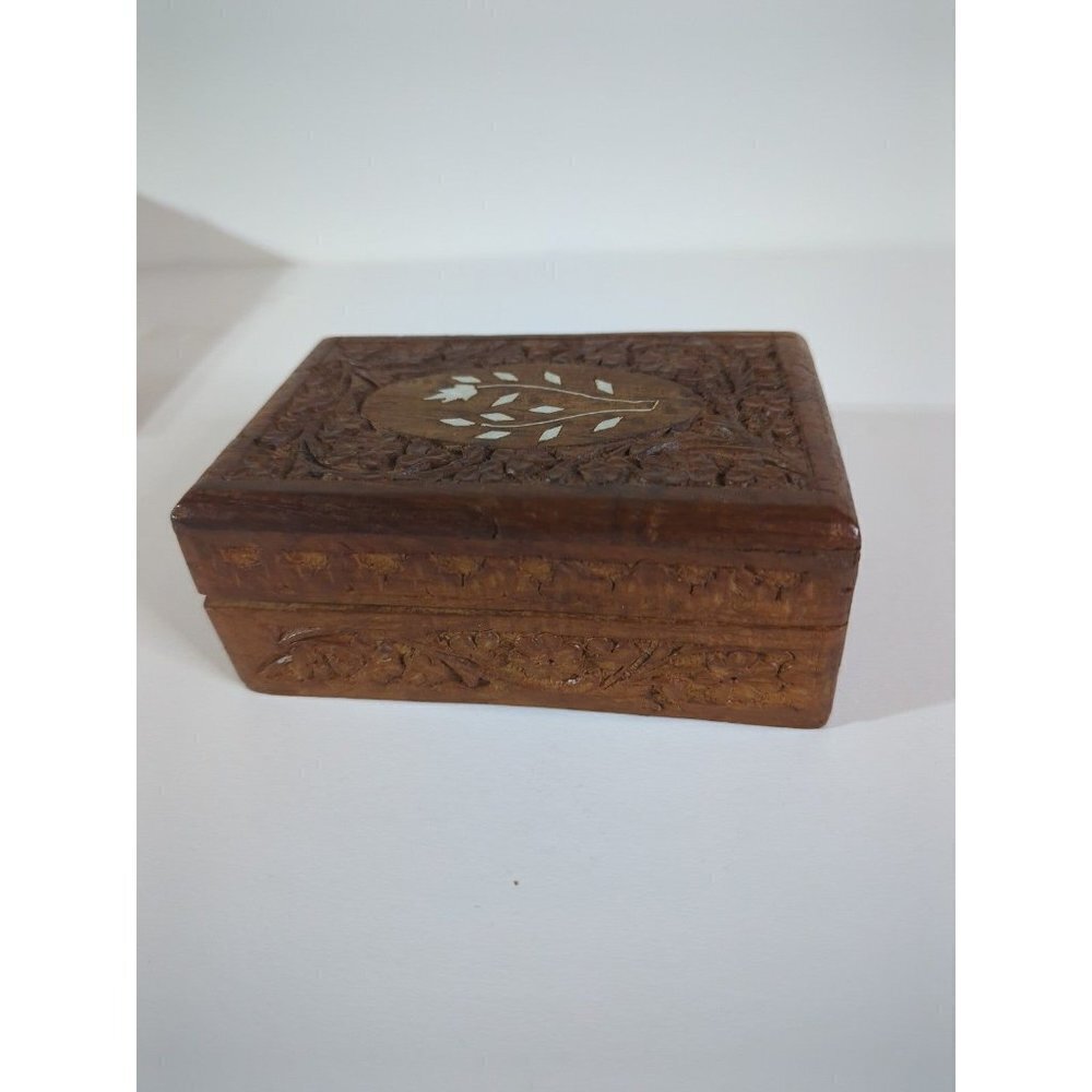Hand carved wood jewelry box with inlay flower design on top